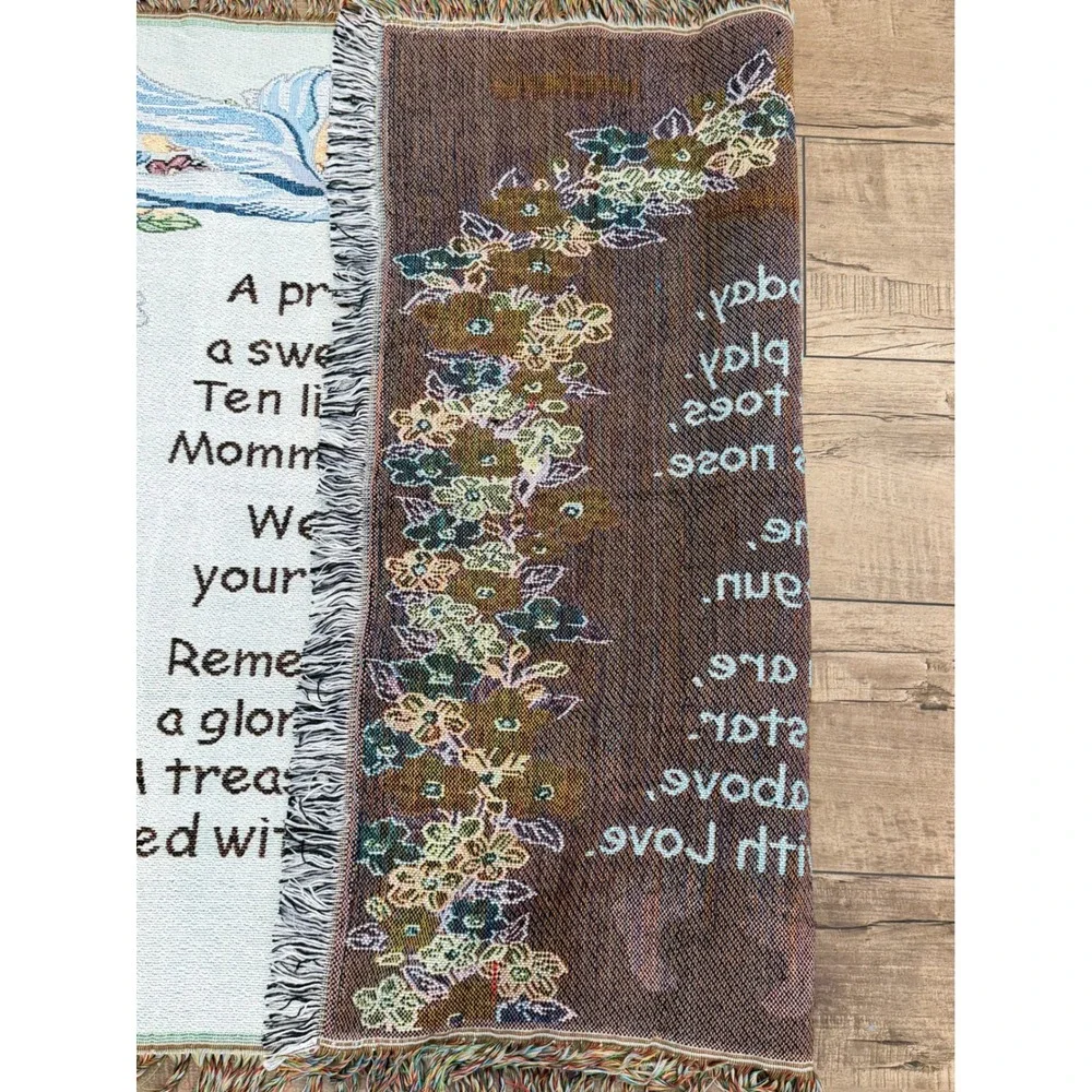 Vintage Woven Baby Tapestry Throw Blanket Stork Floral Poem Nursery Decor 36x34